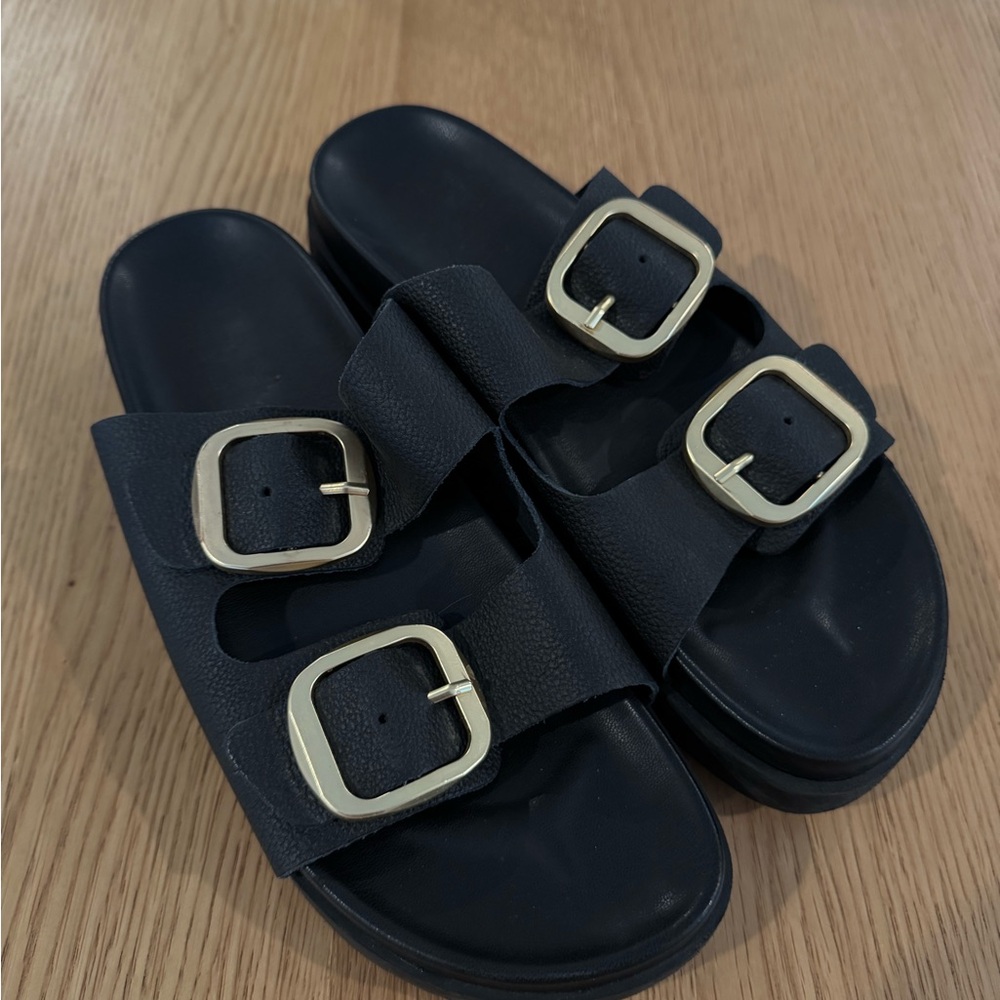 Mila Paoli Black Leather Sandals with Gold Buckles